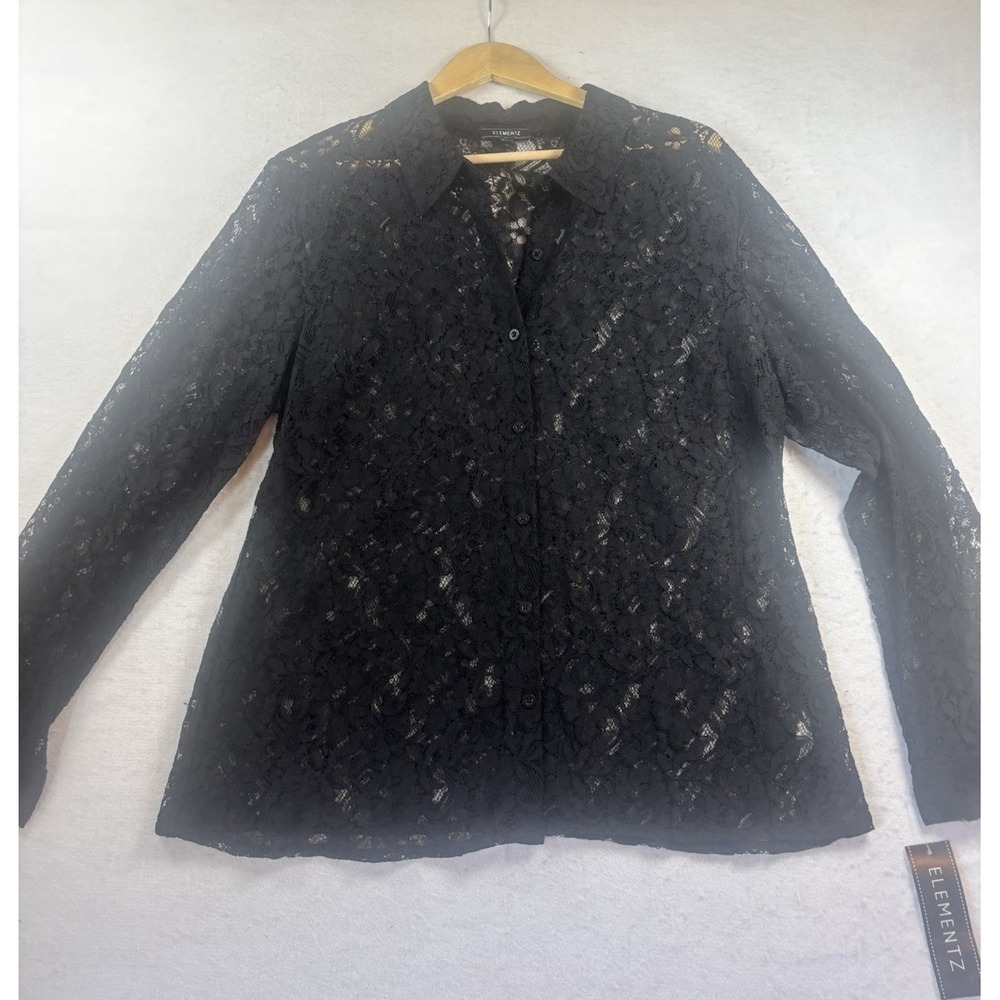 Elementz Womens SZ 12 Black Floral Lace Long Sleeve Button Front Blouse Top